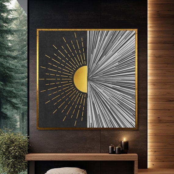 Modern Sun And Lines Painting, Abstract Geometric Decor