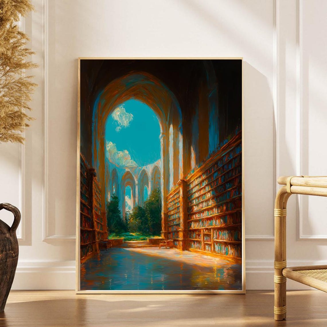 Grand Fantasy Library Gothic Arches Sunlit Bookshelves Art Poster