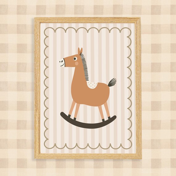 Cute Tan Rocking Horse on Striped Background Nursery Wall Art
