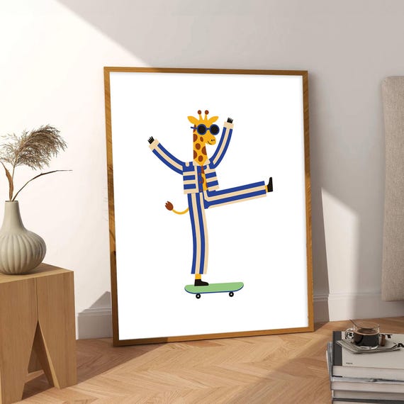 Skating Giraffe Poster Gender Neutral Nursery Art Modern Toddler Decor Whimsical Animal Scandinavian Print