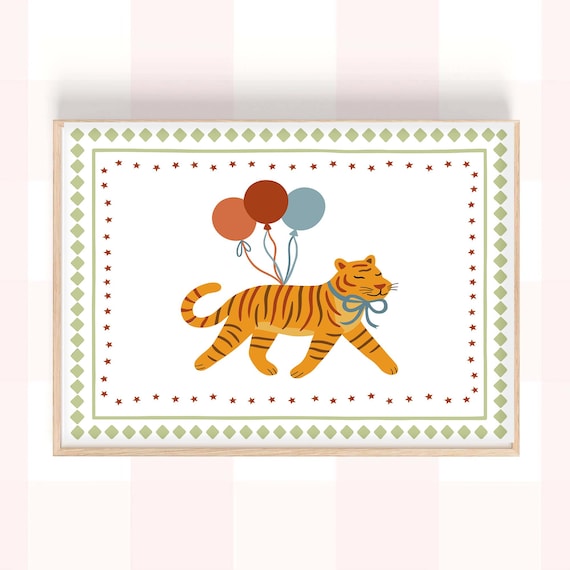 Playful Tiger With Balloons Vintage Circus Kids Room Art Poster