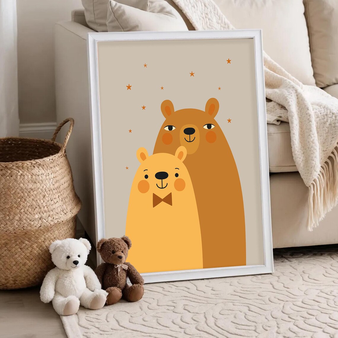 Cute Brown and Yellow Bear Pair Nursery Kids Animal Art Poster