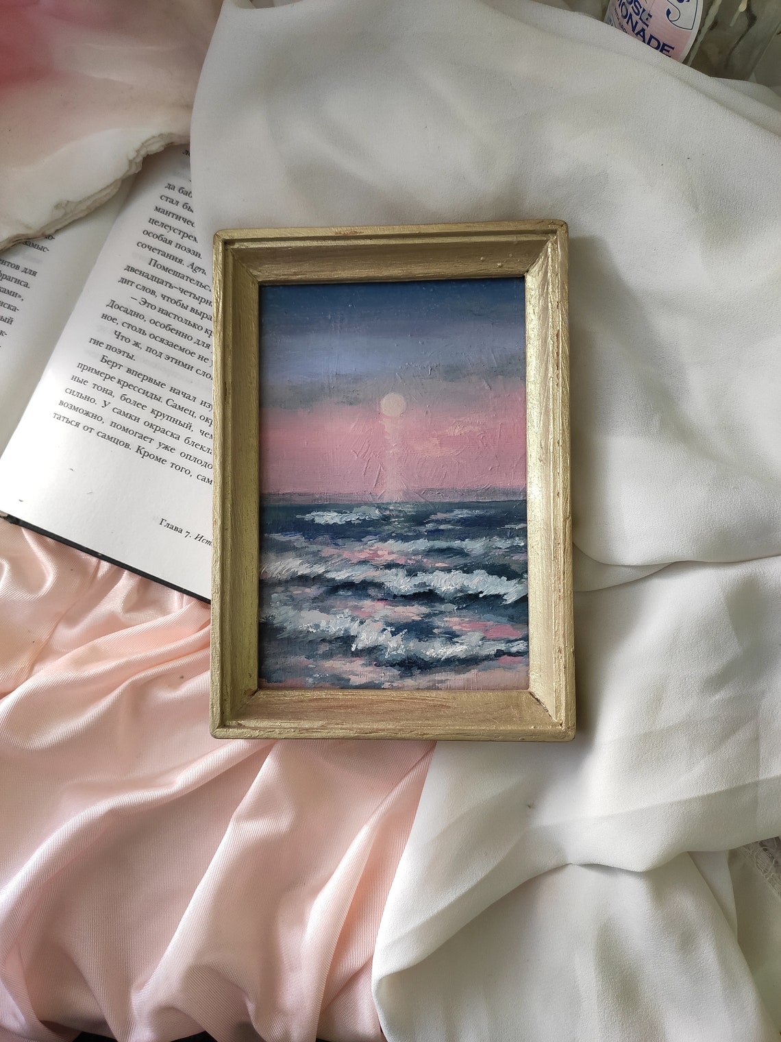 Moonlit Ocean Waves Pink Sunset Seascape Mini Artwork Poster - Image 5