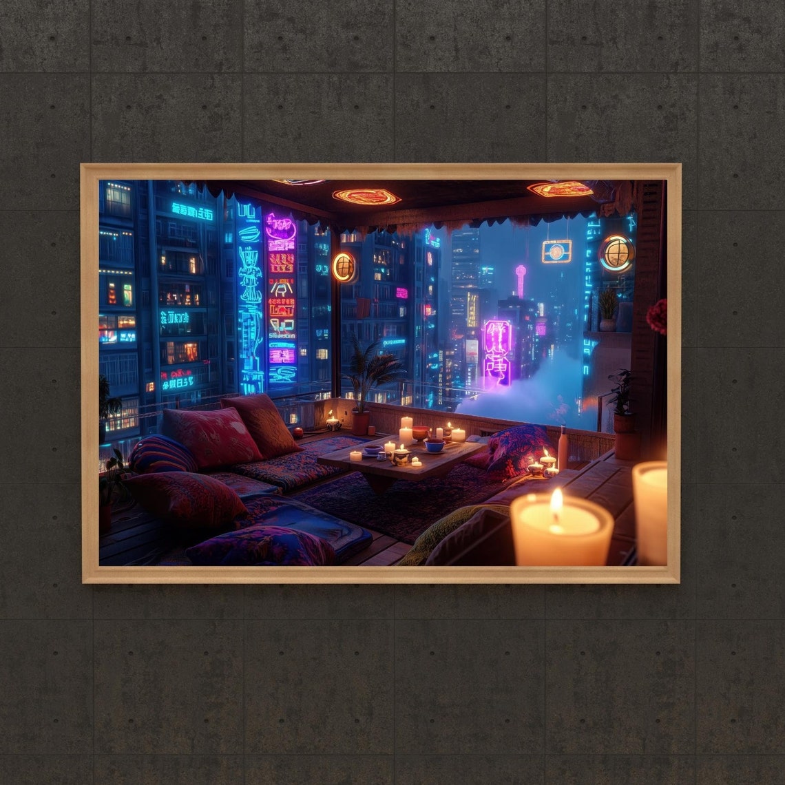 Cozy Candlelit Balcony Lounge Over Neon Night Cityscape Poster