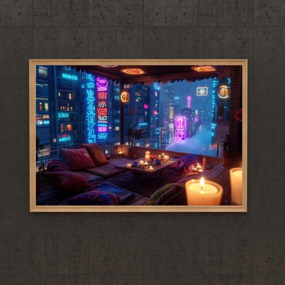 Cozy Candlelit Balcony Lounge Over Neon Night Cityscape Poster