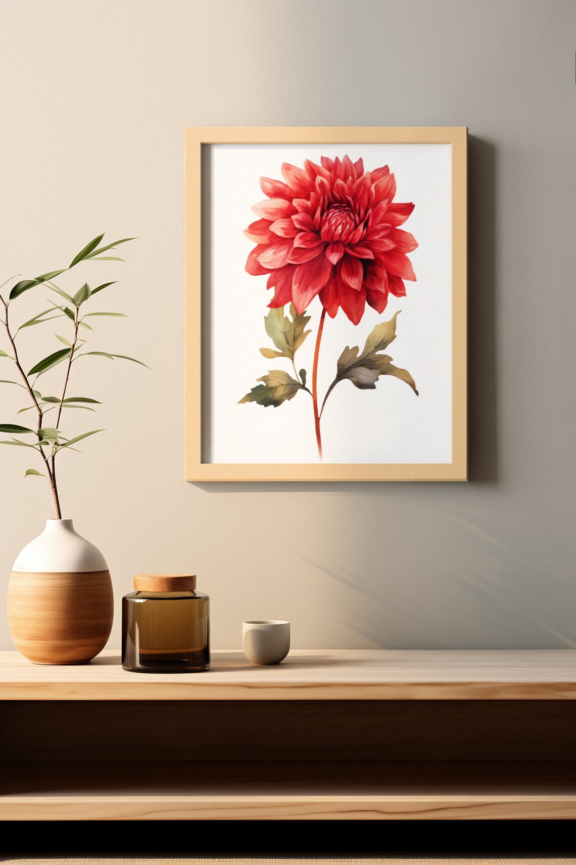 Scarlet Red Dahlia Flower Bold Watercolour Botanical Art Poster - Image 3