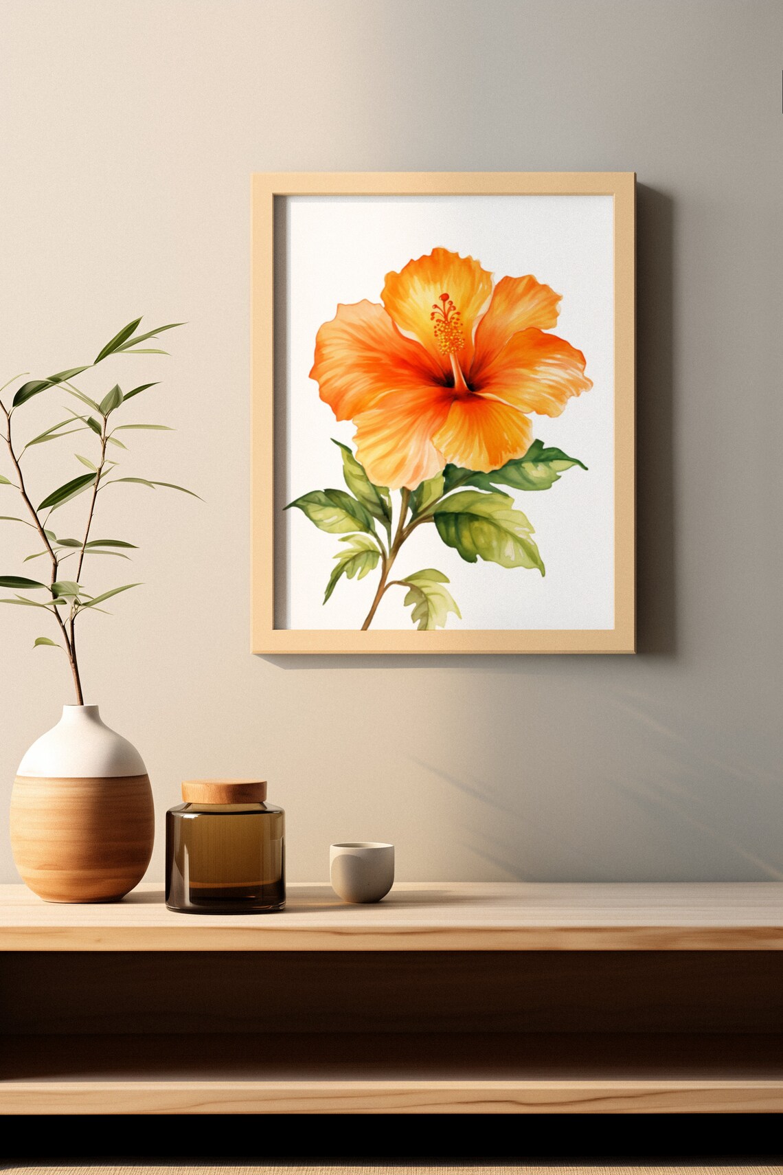Orange Hibiscus Bloom Lush Watercolor Floral Botanical Poster - Image 3