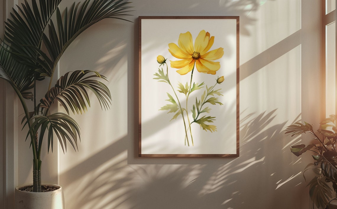 Yellow Cosmos Budding Stems Watercolour Botanical Flower Poster - Image 5