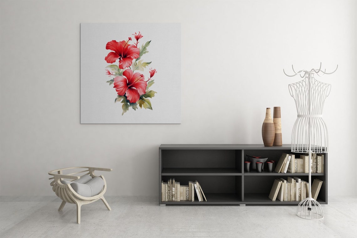 Red Hibiscus Pair With Foliage Exotic Lush Watercolor Art Poster - Image 9
