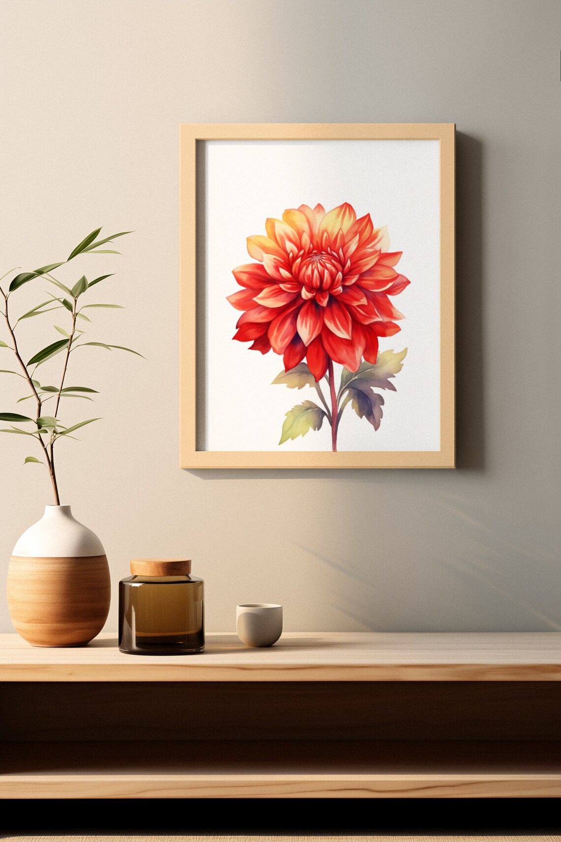 Flame Red Orange Dahlia Golden Tip Watercolour Botanical Art Poster - Image 2
