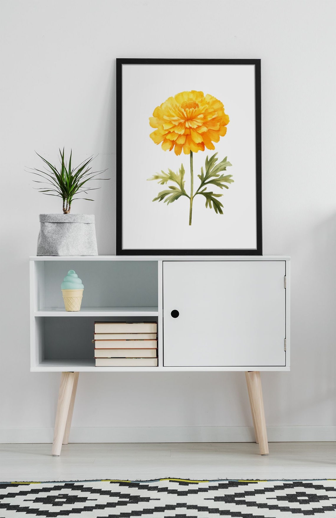 Yellow Marigold Pompon Bloom Watercolour Botanical Flower Poster - Image 7