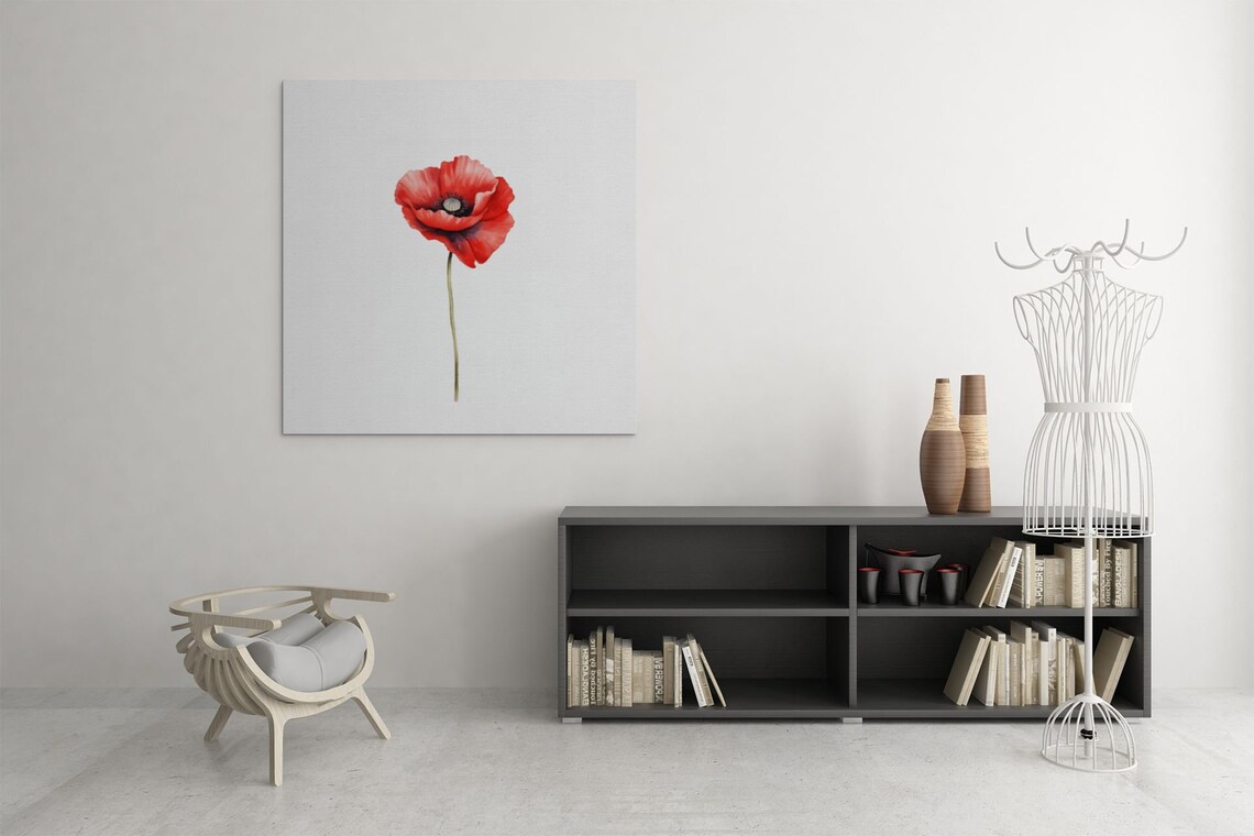 Red Poppy Single Bloom Classic Watercolour Botanical Flower Poster - Image 3