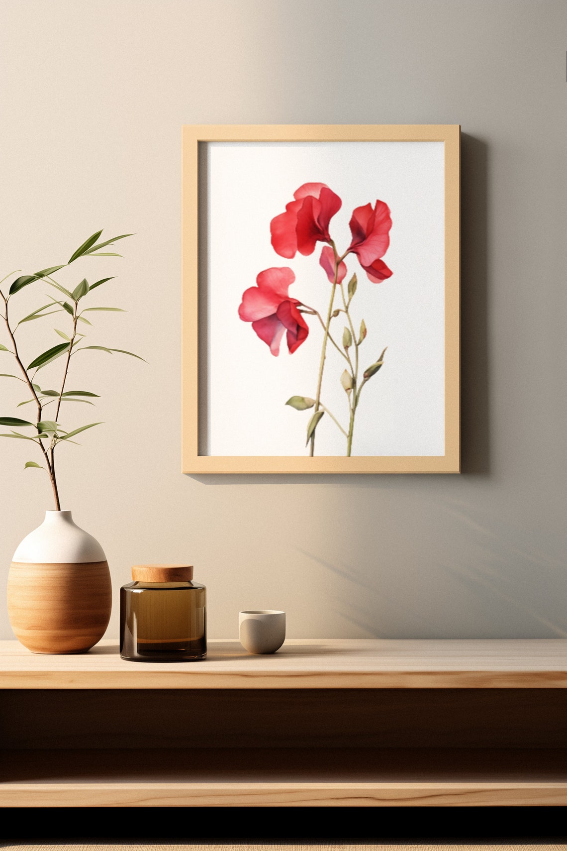 Red Sweet Pea Blossom Garden Watercolour Botanical Flower Poster - Image 4