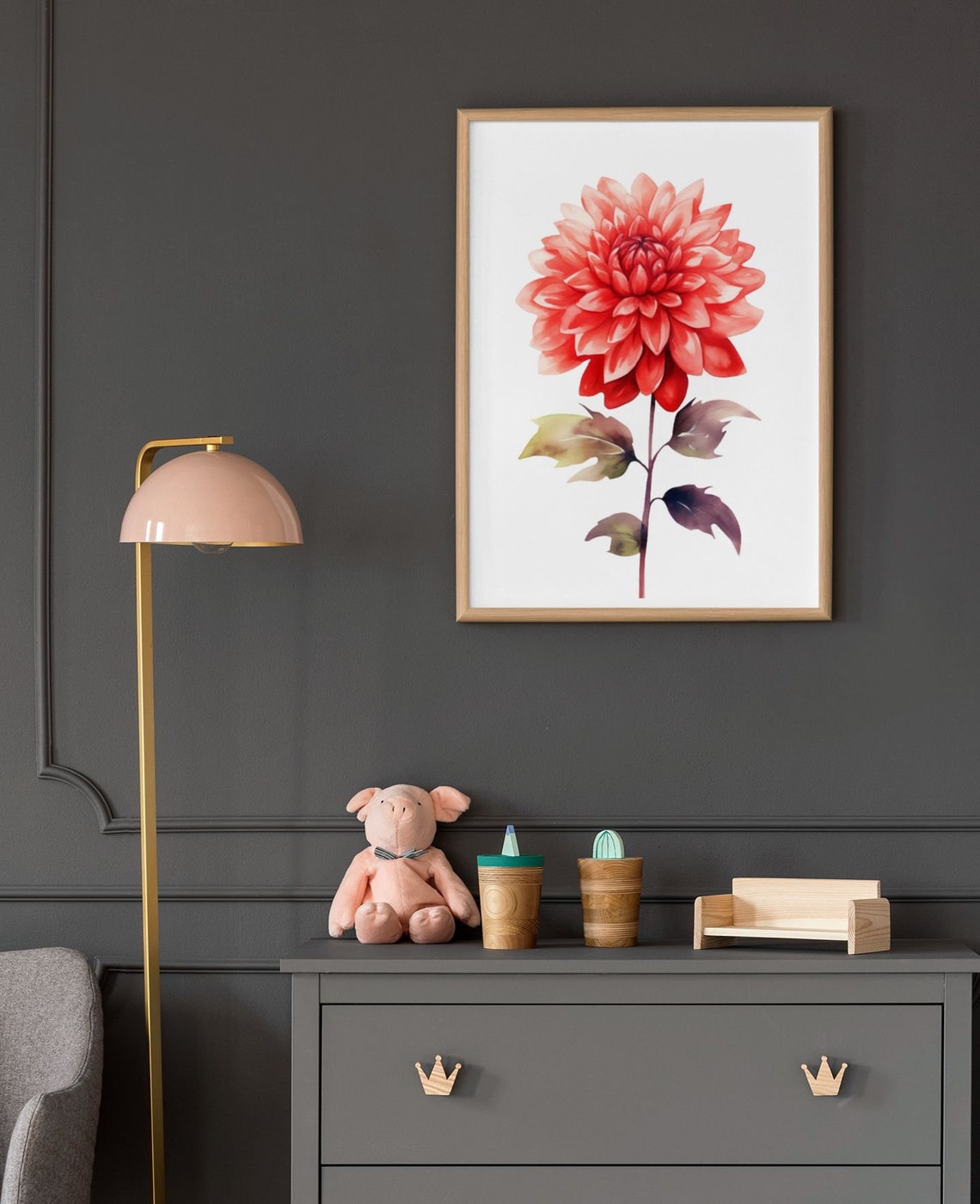 Glowing Coral Red Dahlia Bloom Watercolour Botanical Art Poster - Image 6