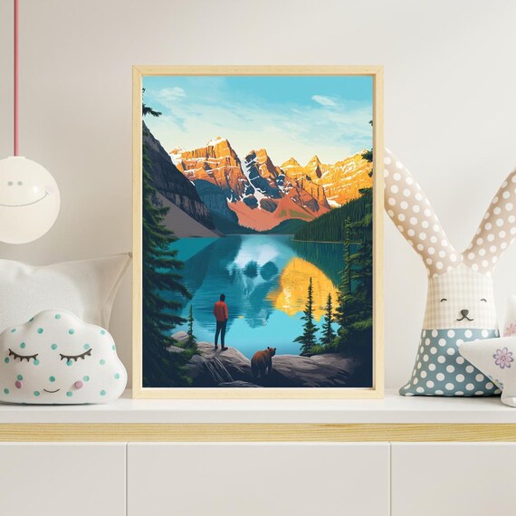 Moraine Lake Banff Canadian Rockies Turquoise Lake Hiker Illustration Poster