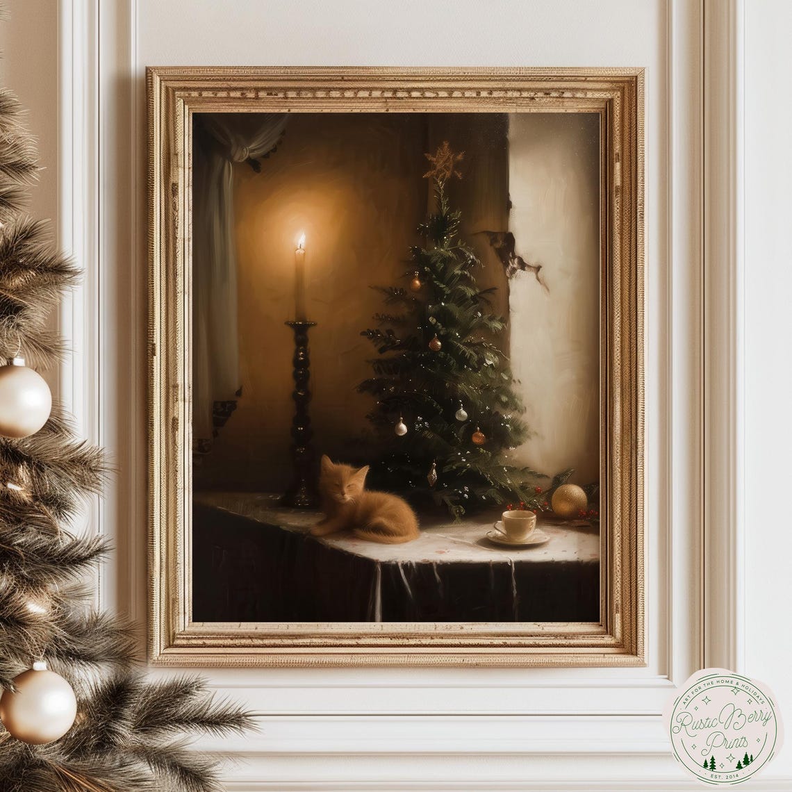 Sleepy Ginger Kitten Beside Christmas Tree Candlelight Cozy Art Print