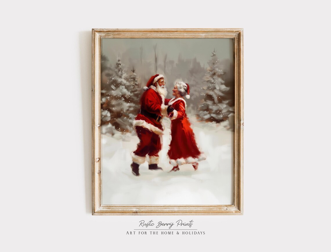 Santa Mrs Claus Dancing Snowy Forest Pines Romantic Winter Poster