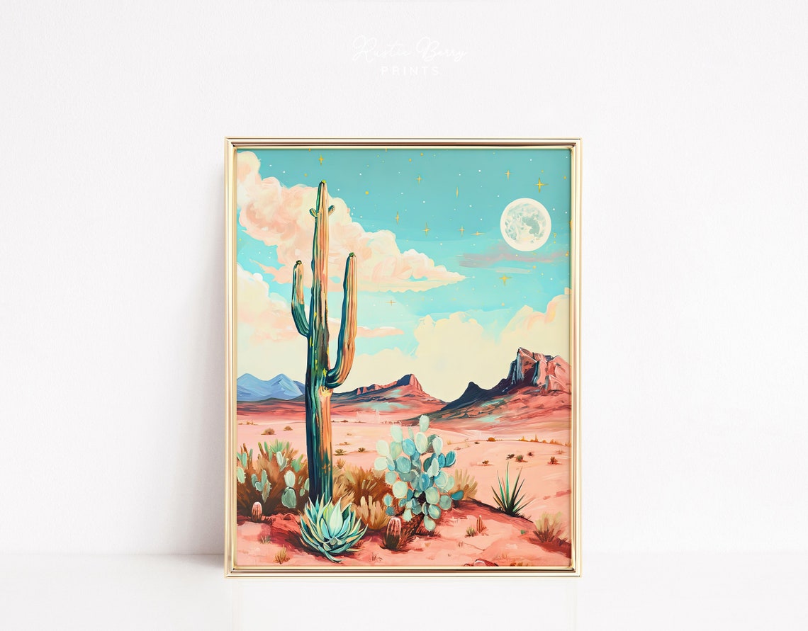 Saguaro Cactus Full Moon Pink Desert Turquoise Sky Western Wall Art