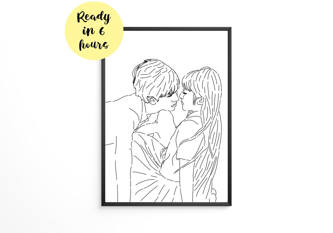 Minimalist Line Drawing of a Young Couple Sharing a Kiss Poster
