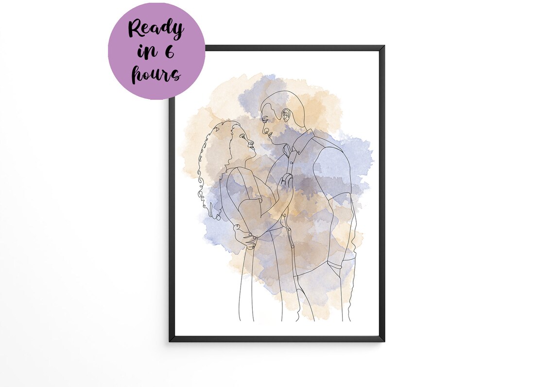 Watercolor and Line Art of a Couple Kissing in Blue Washes Poster