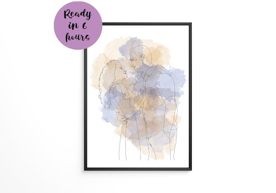 Watercolor and Line Art of a Couple Kissing in Blue Washes Poster