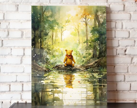 Winnie the Pooh Forest Pond Watercolor Storybook Bear Nursery Art Poster