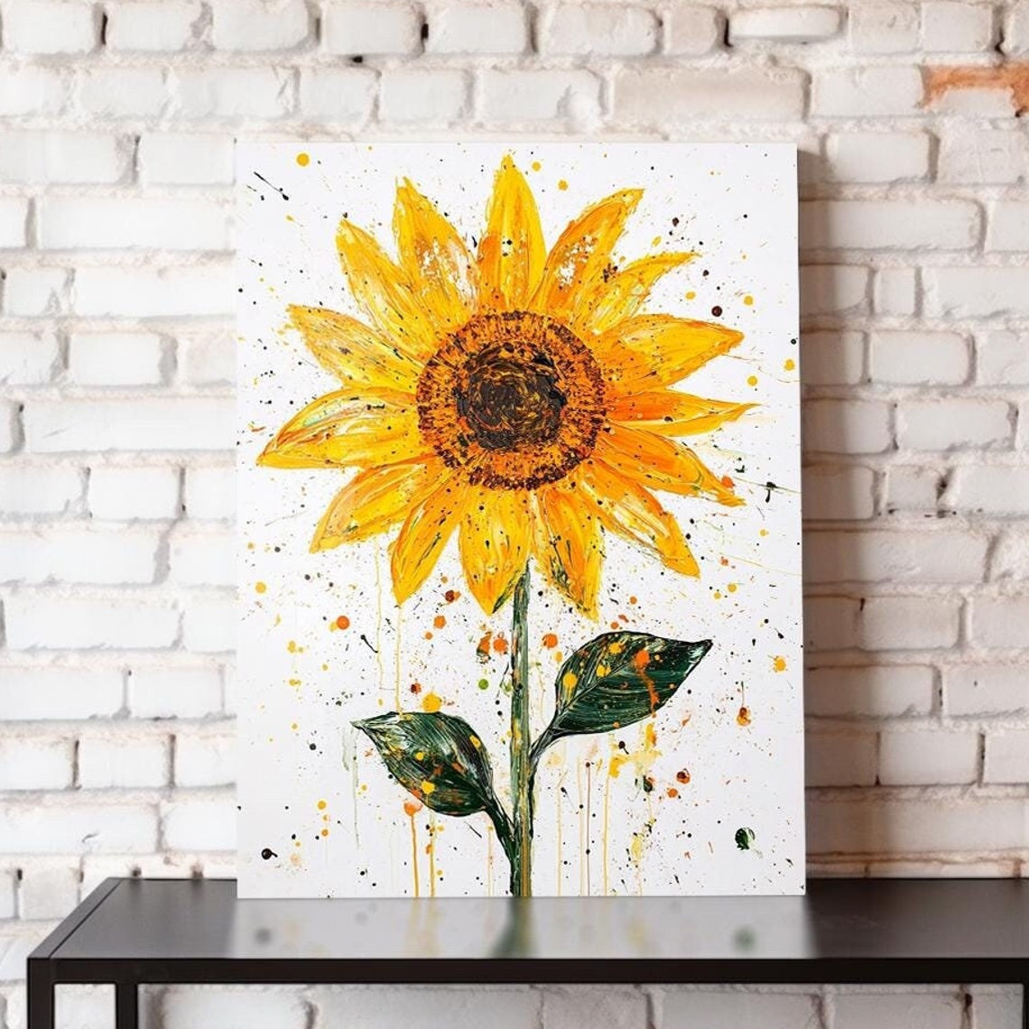 Sunflower Bold Acrylic Paint Splatter Modern Floral Wall Art Poster