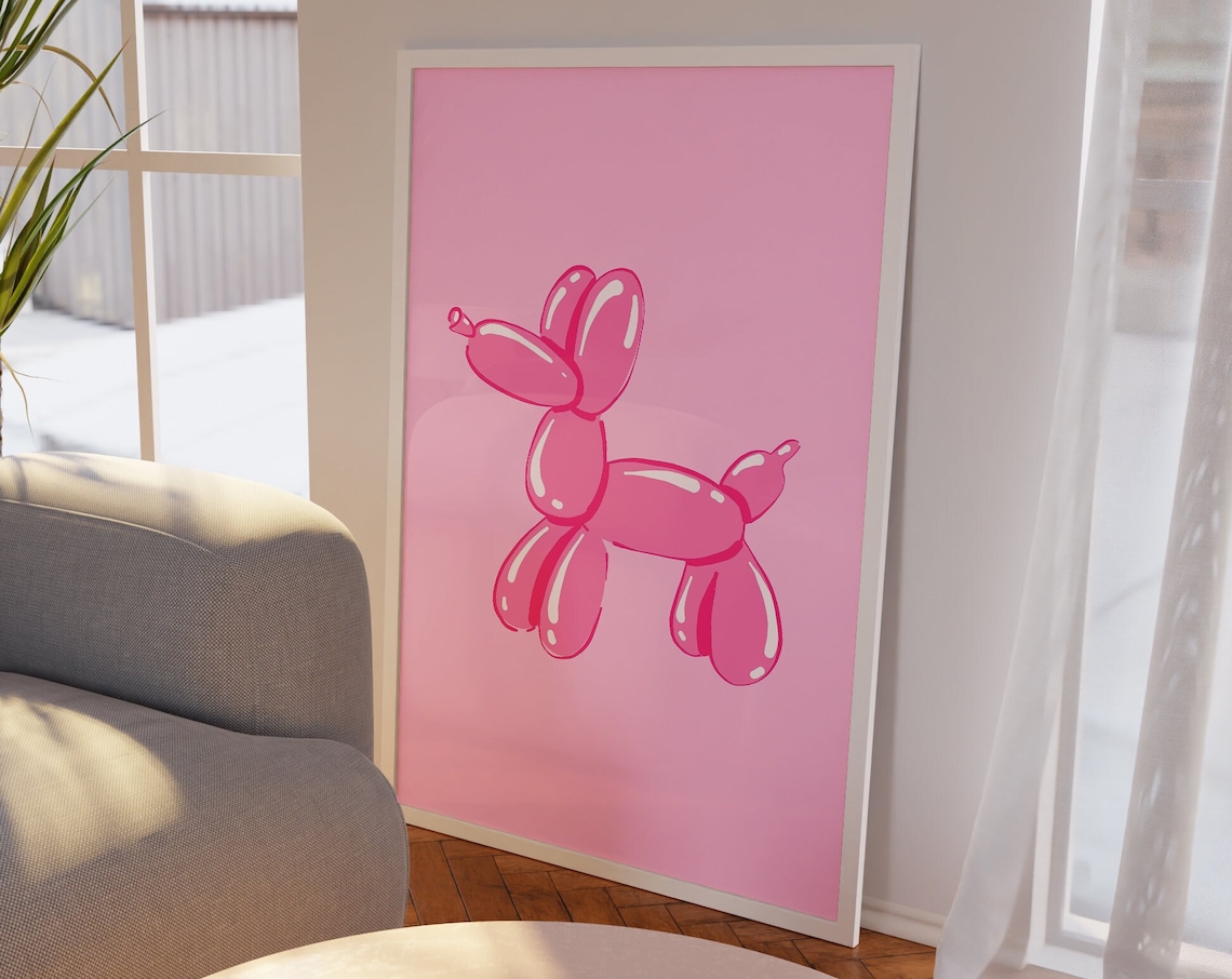 Pink Balloon Dog Art Print, Funky Eclectic Preppy
