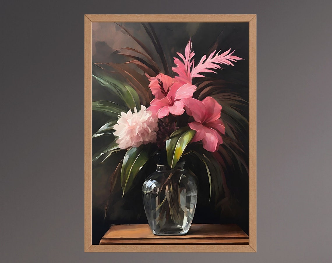 Pink Hibiscus Tropical Bouquet Glass Vase Dark Moody Painting Poster - Image 5