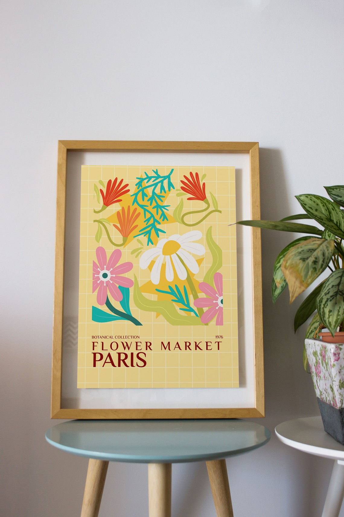 Paris Flower Market Botanical Yellow Daisy Vintage 1976 Poster