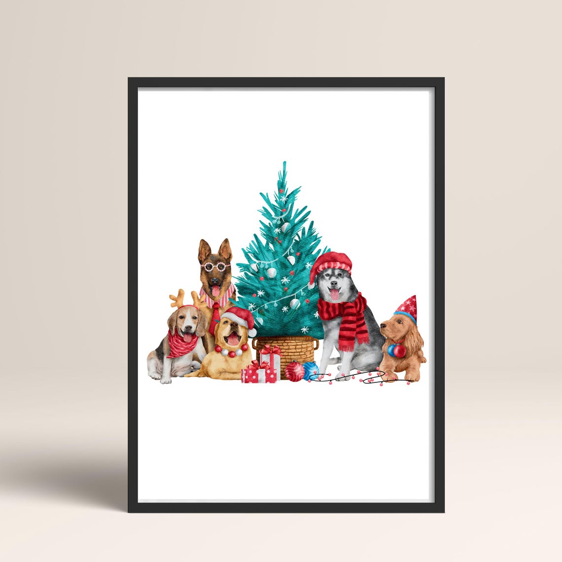 Five Cheerful Dogs Christmas Tree Watercolor Holiday Poster Art