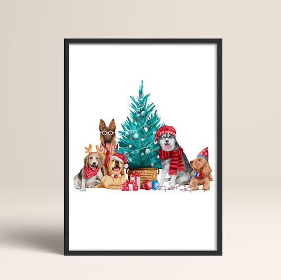 Five Cheerful Dogs Christmas Tree Watercolor Holiday Poster Art