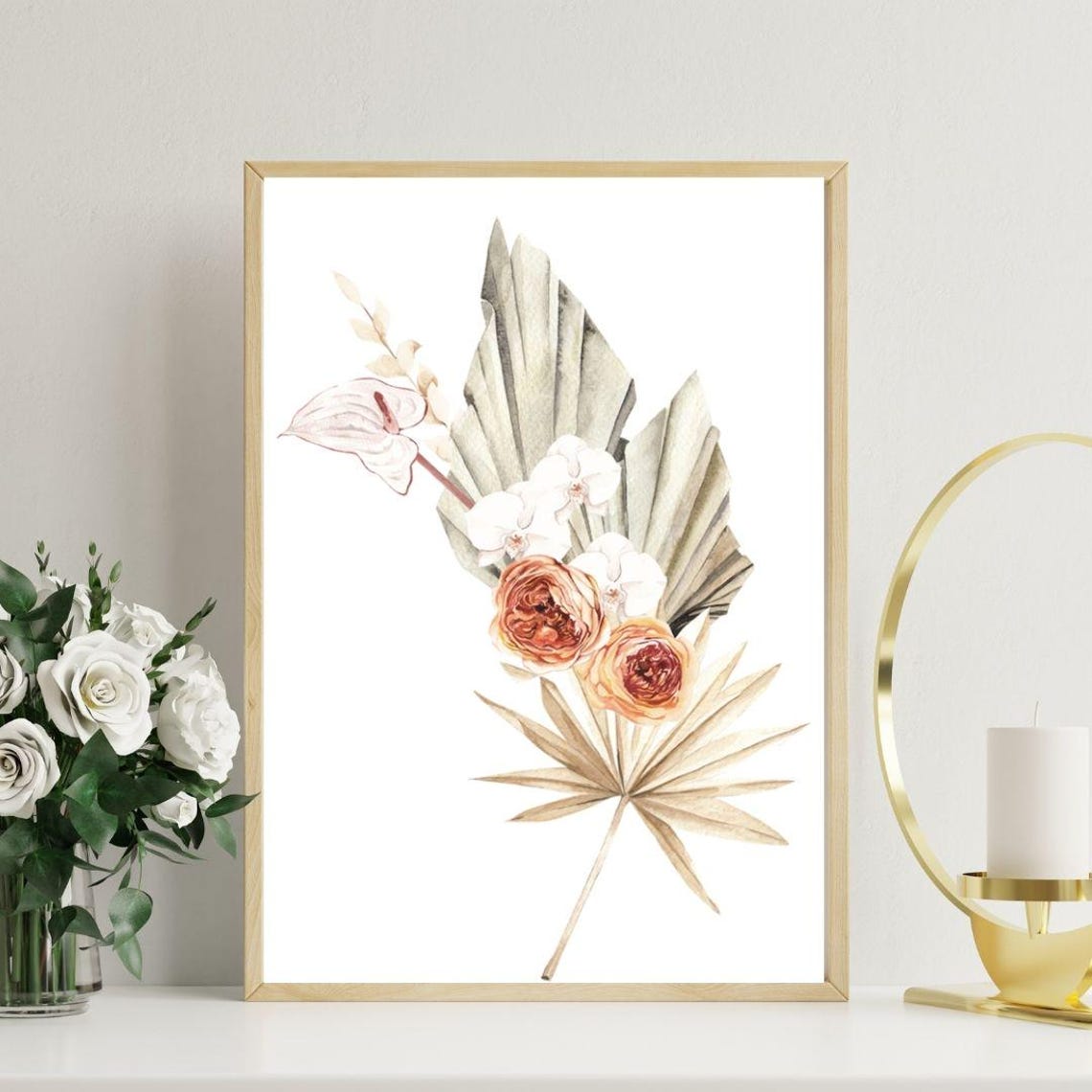 Burnt Orange Ranunculus Anthurium Watercolor Tropical Wall Art - Image 2