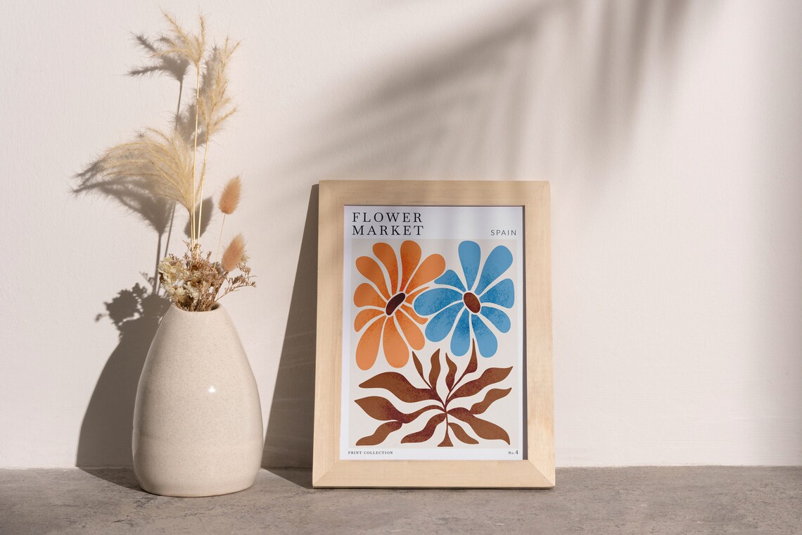 Spain Flower Market No 4 Orange Blue Daisy Retro Botanical Poster - Image 2