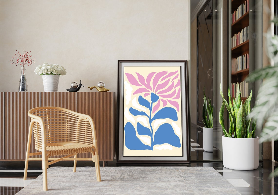 Modern Abstract Blue and Pink Flower Bloom Minimalist Wall Art - Image 2