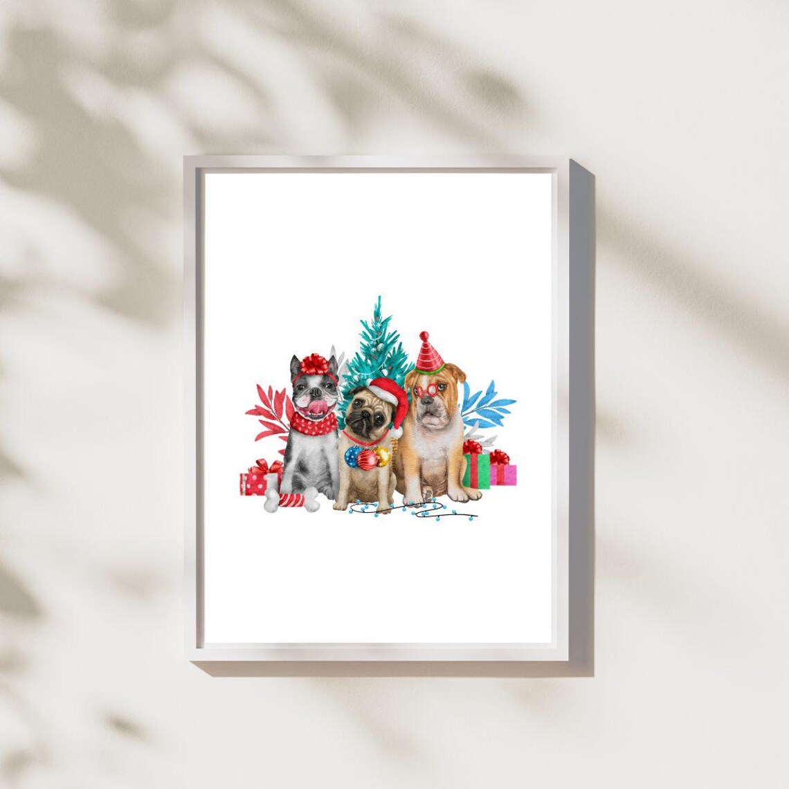 Three Happy Dogs Christmas Party Watercolor Holiday Poster Art - Image 2