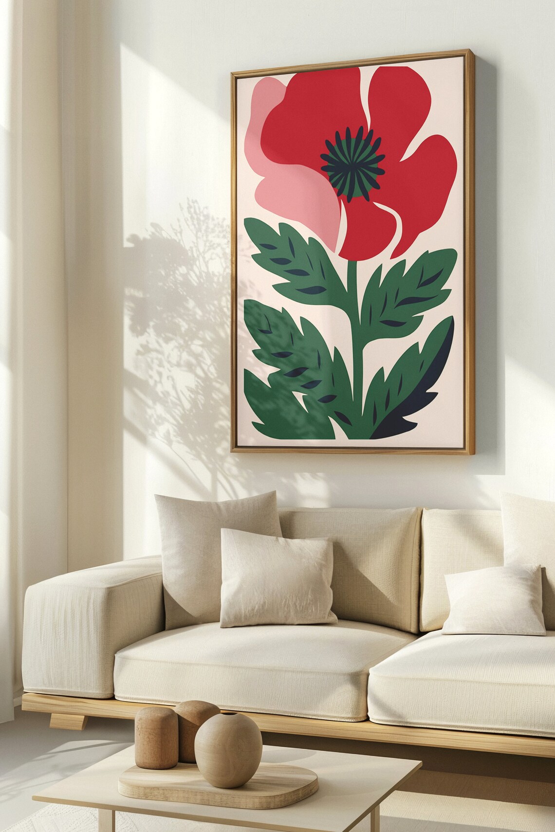 Big Red Poppy Flower Poster with Dark Green Leaves on Cream Art - Image 2