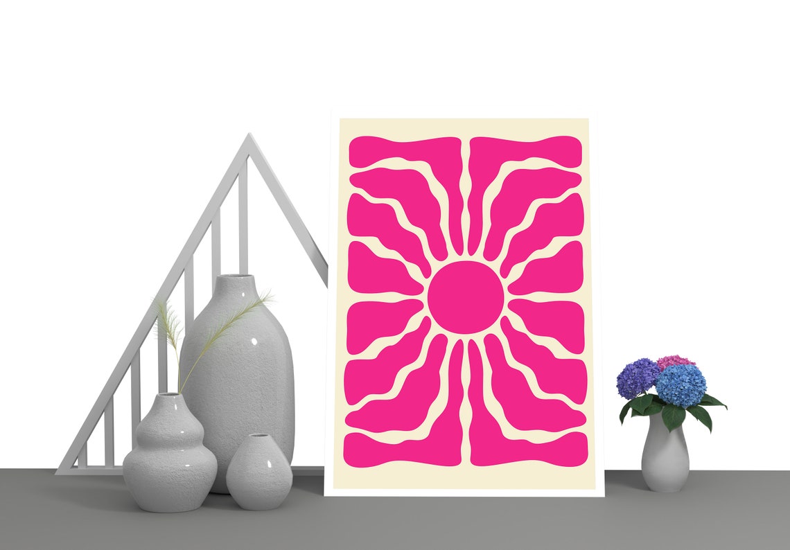 Hot Pink Retro Sunburst Flower Poster with Black Frame Decor - Image 3