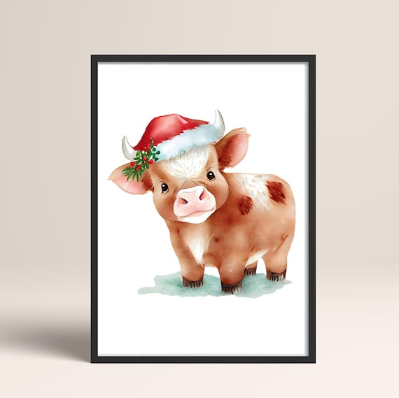 Cute Highland Cow Calf Santa Hat Watercolor Christmas Poster Art