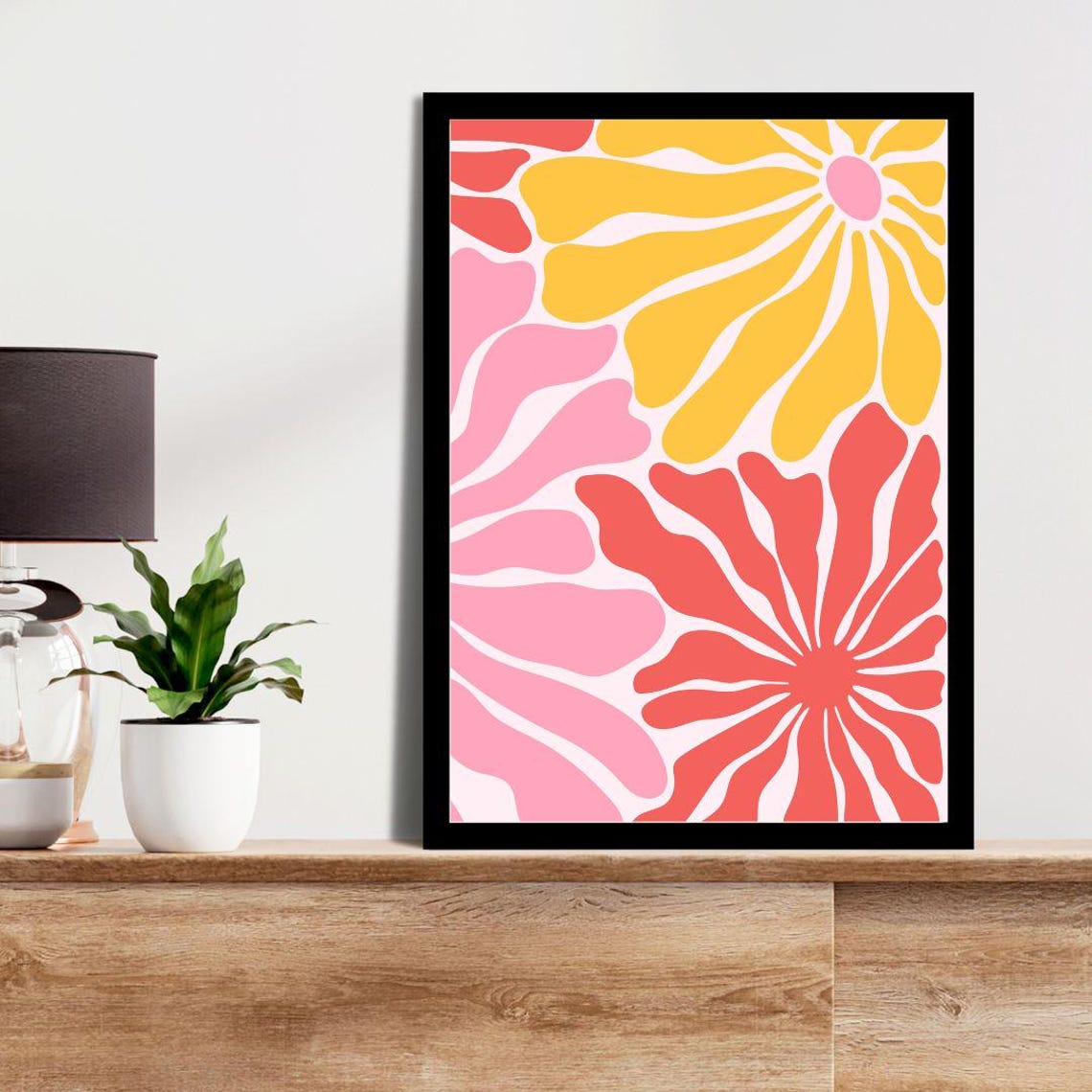 Matisse Style Bold Retro Daisies Yellow Pink Floral Art Poster