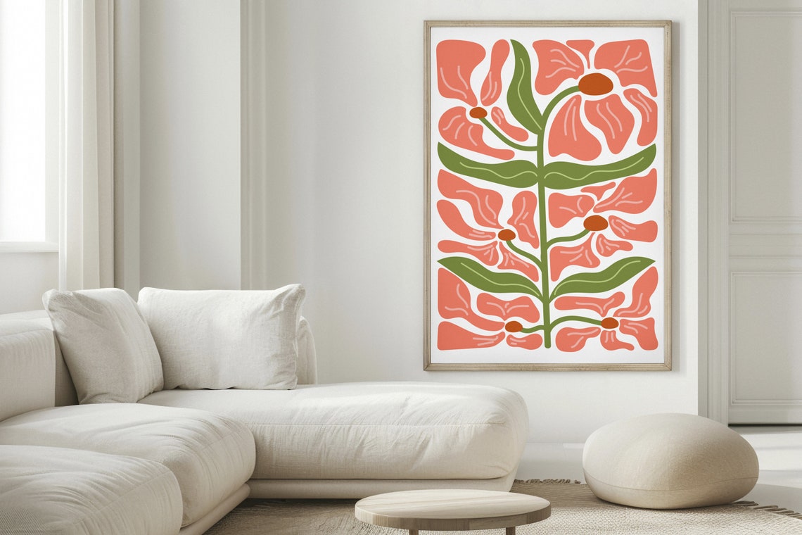 Coral Pink Abstract Floral Poster in Bold Cut-Paper Art Style - Image 2