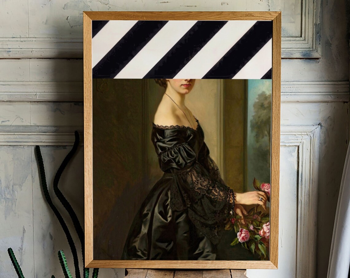 Baroque Woman in Black Dress Striped Band Funny Altered Art Wall Art