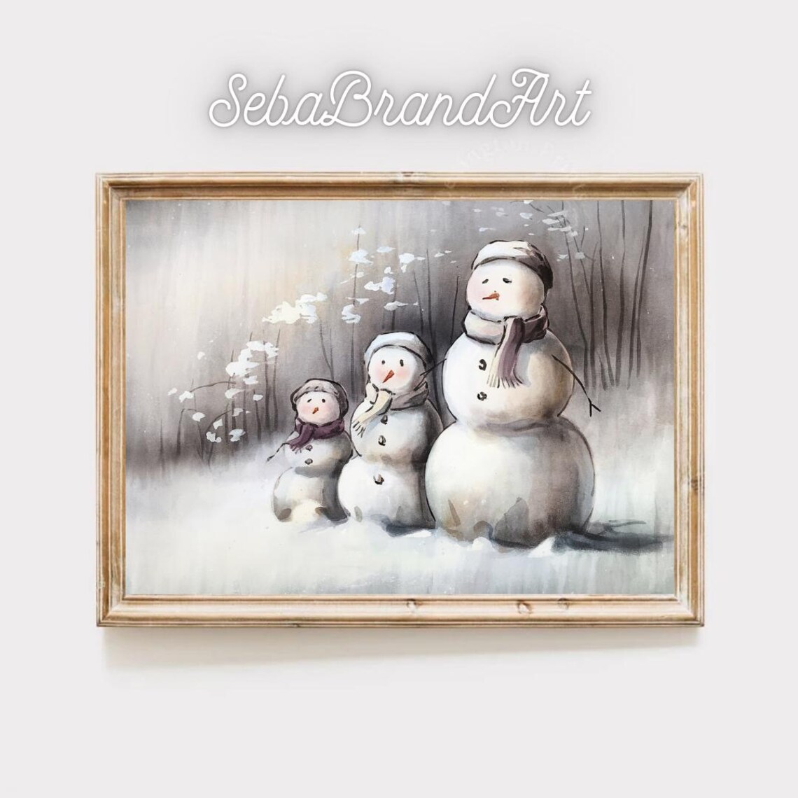 Three Snowmen Family In A Soft Falling Snow Winter Scene Poster