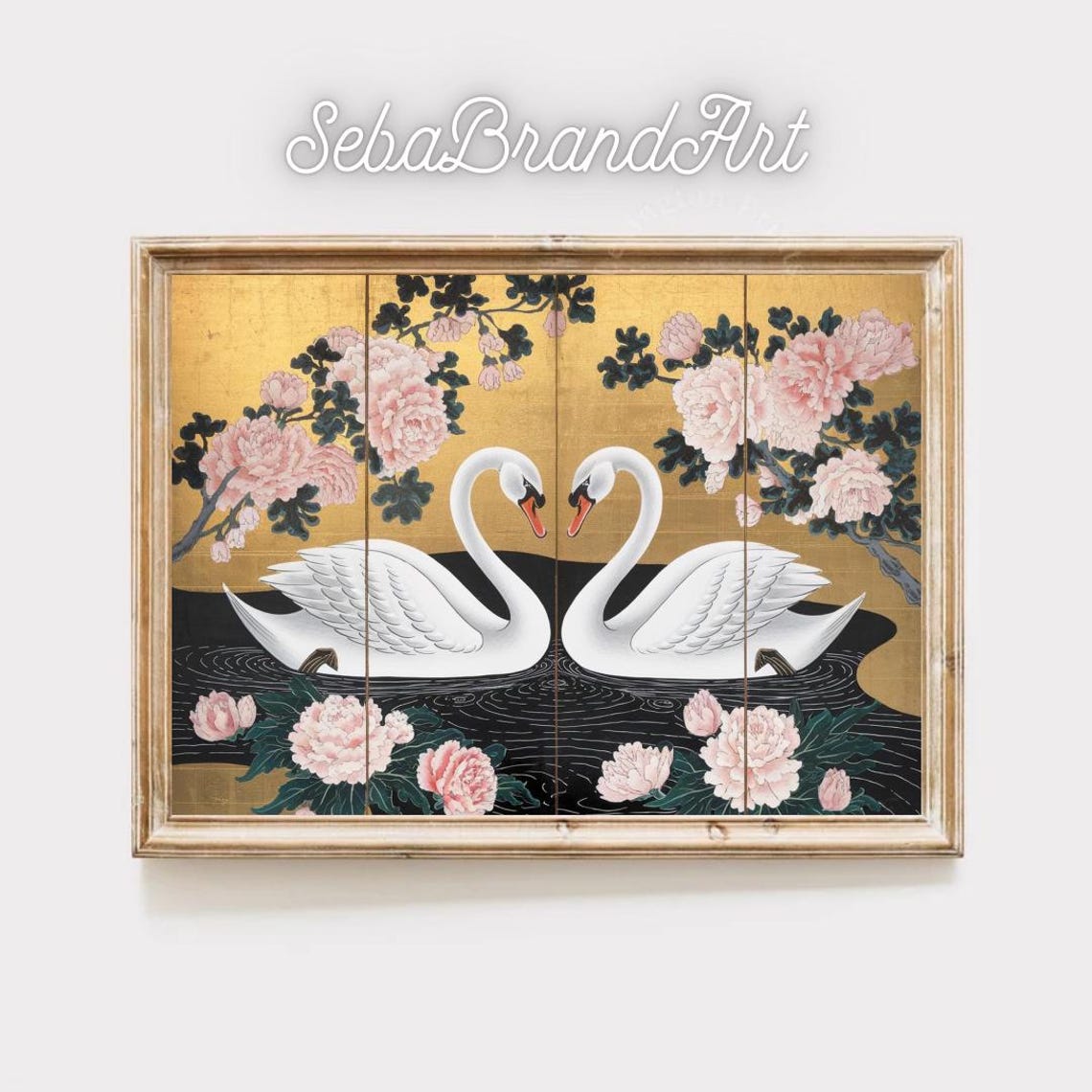 Two Swans With Peonies On A Gold Leaf Japanese Screen Art Poster