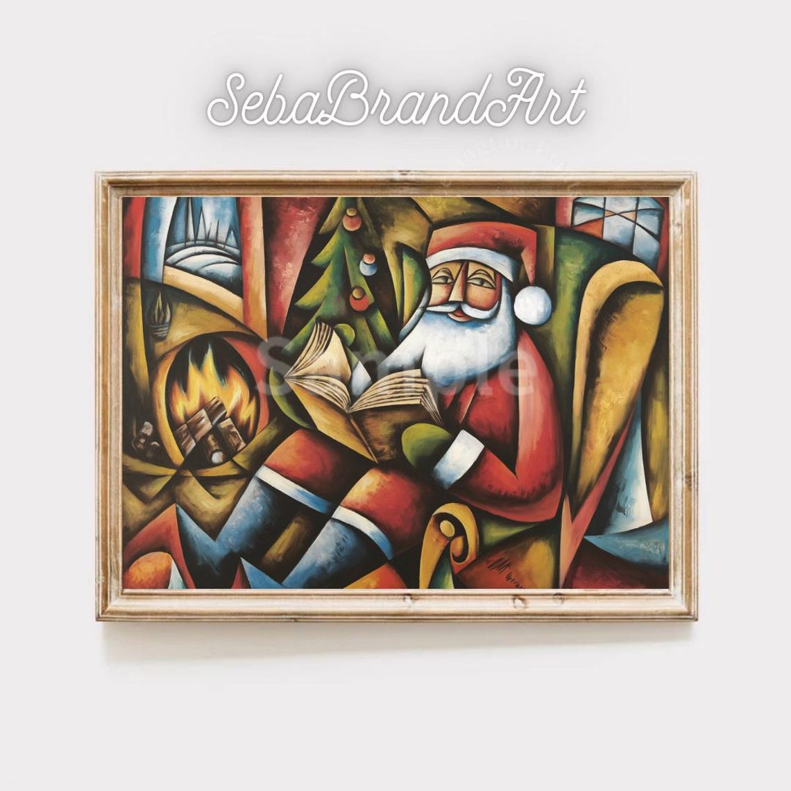 Santa Claus Reading Book By Fireplace Cubist Style Holiday Art Poster