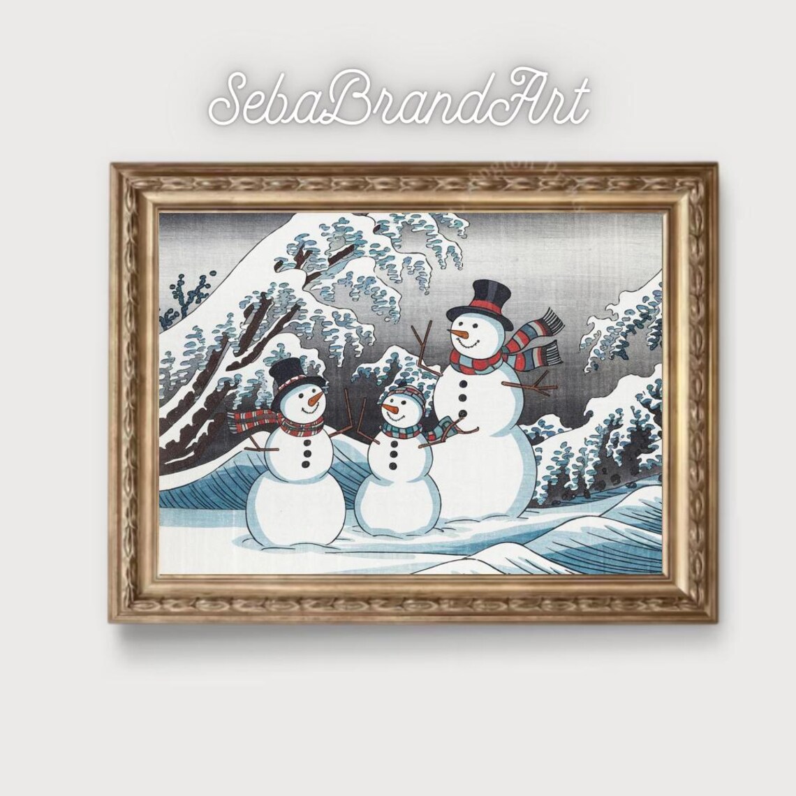 Snowman Family In Snowy Mountains Japanese Ukiyo E Holiday Art Poster - Image 2