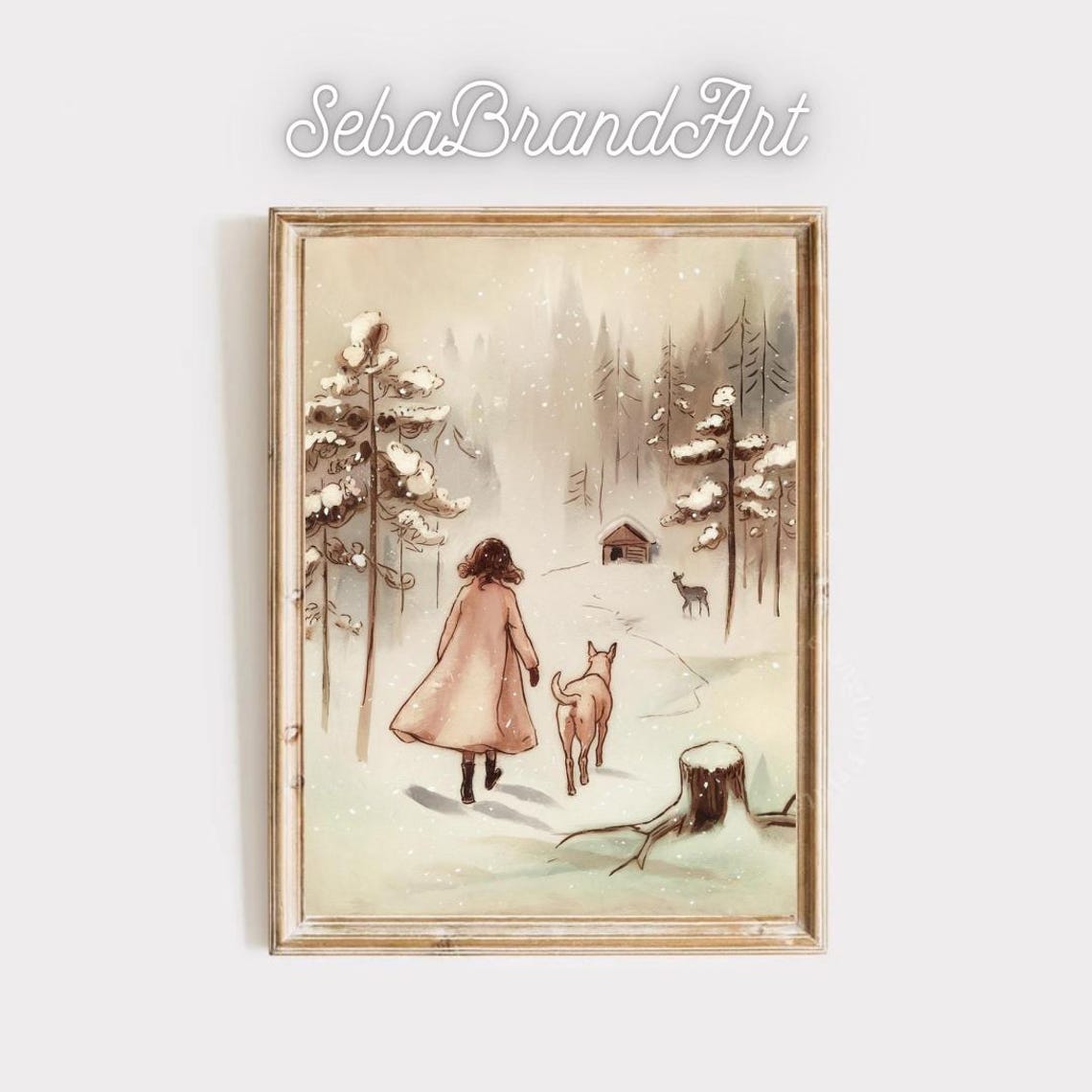 Wabi Sabi Art In Takehisa Yumeji Style Granola Girl Aesthetic Winter Walk Girl And Dog In Snowy Forest Traditional Japanese Ink Art