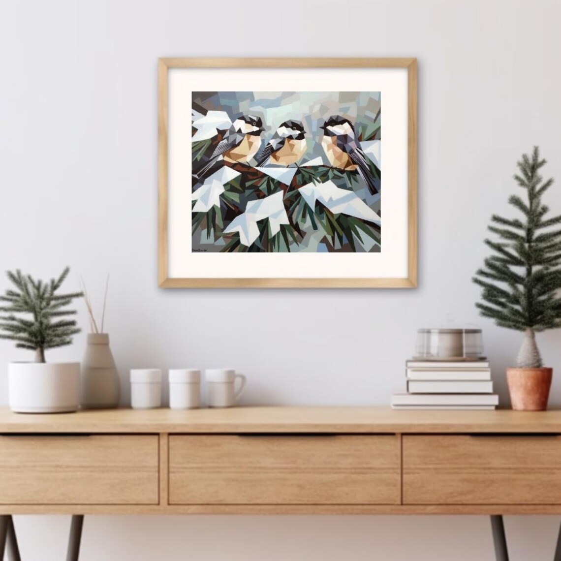 Picasso Style Cubist Winter Chickadees On Snowy Pines Modern Abstract Wall Art Instant - Image 3