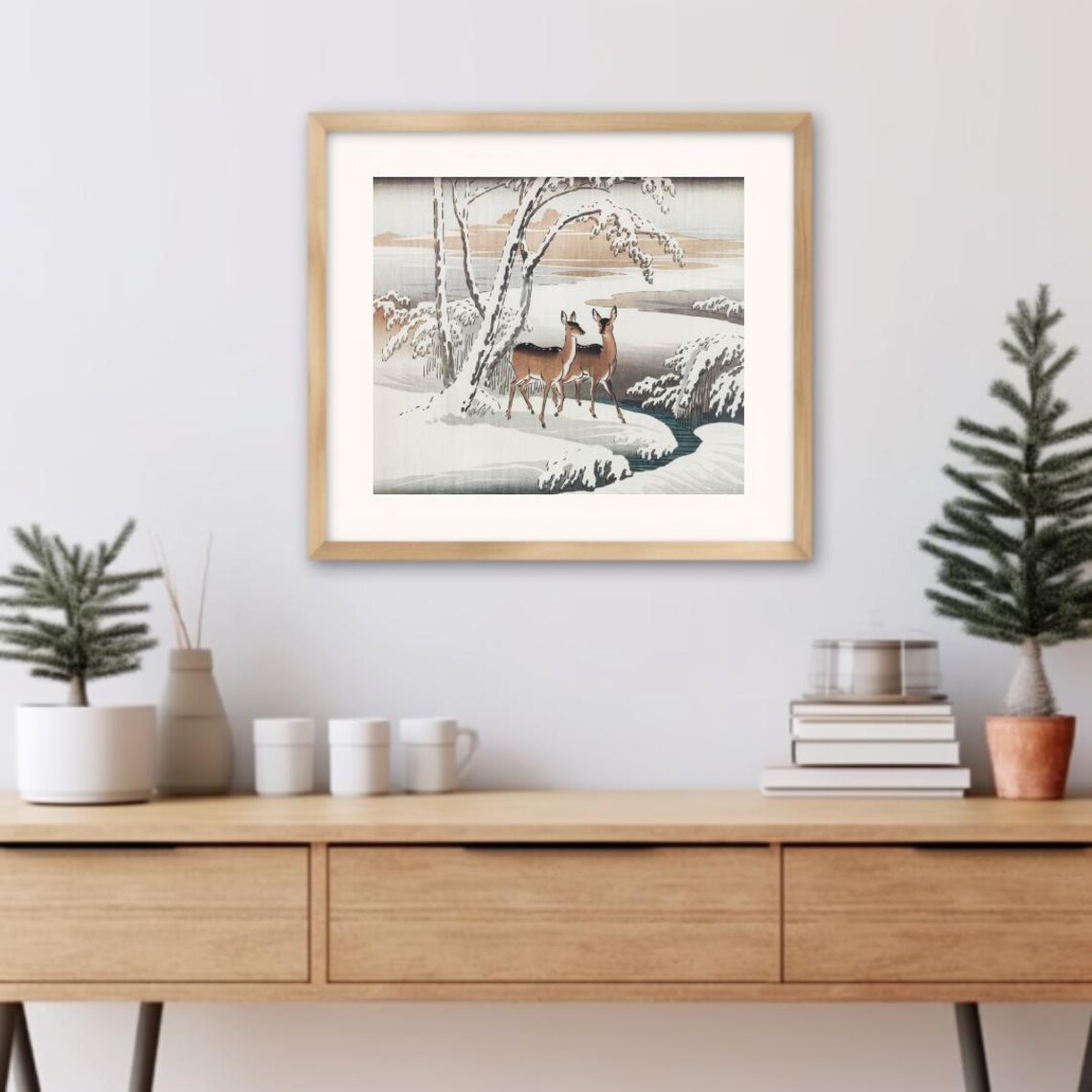 Two Deer Under Snowy Branches By Frozen Lake Japanese Ukiyo E Art Print - Image 3