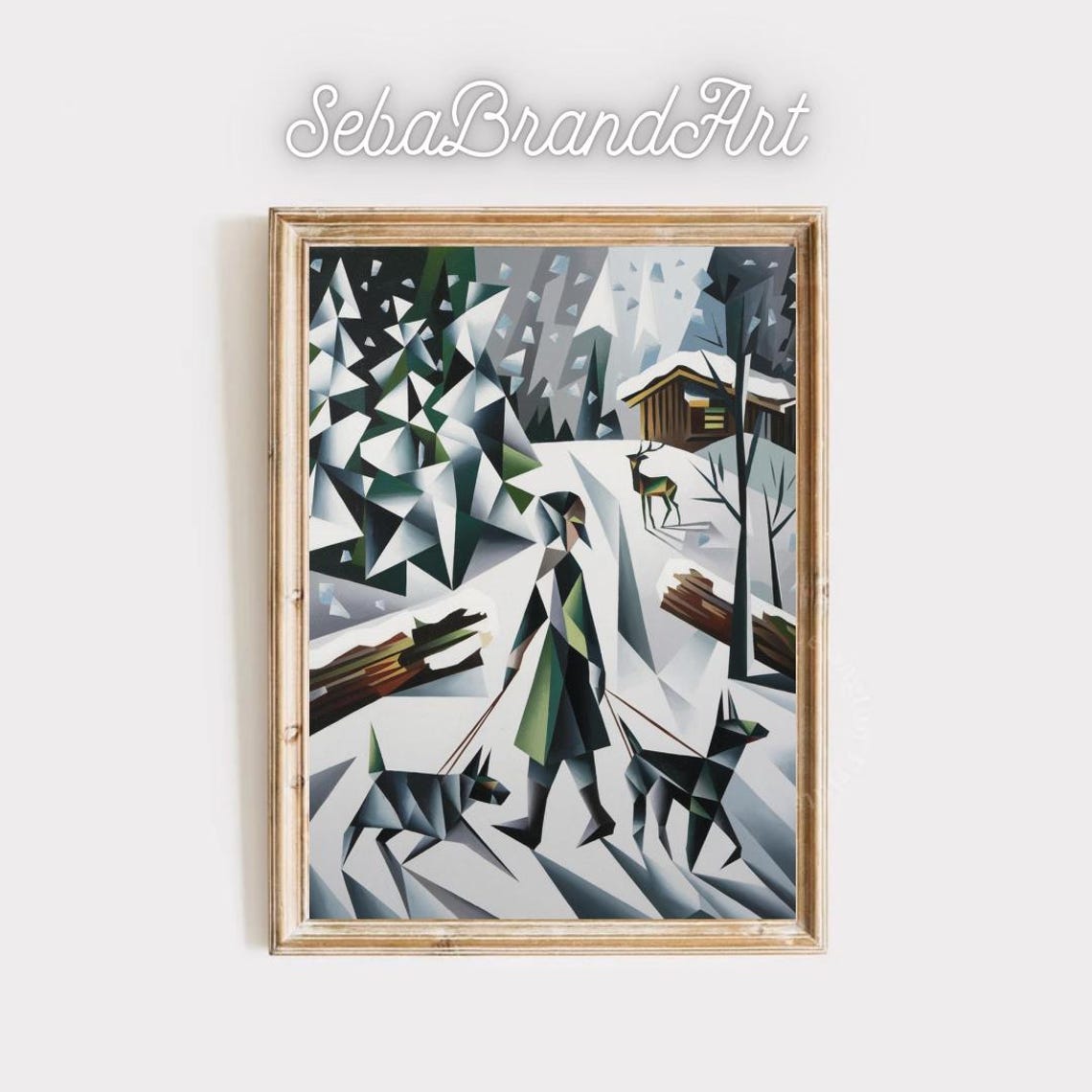 Cubist Figure Walking Two Dogs On A Snowy Forest Path Winter Poster